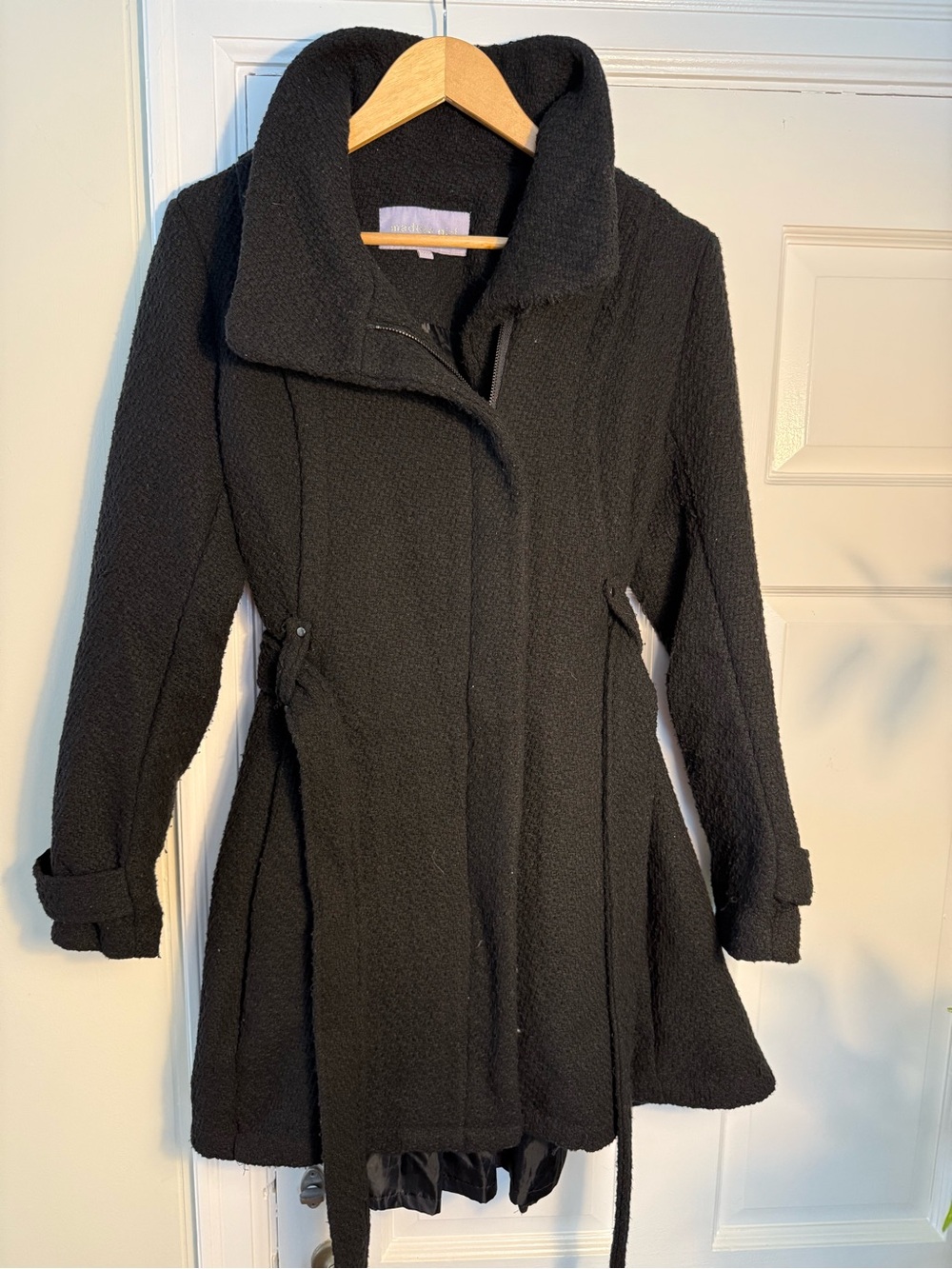 Black “Madden Girl” Textured Belted Coat